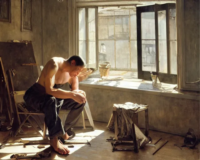 Prompt: an exhausted painter in his studio painting a picture of a beautiful girl - key lighting, soft lights, by steve hanks, by edgar maxence, by caravaggio, by michael whelan, by delacroix, by serov valentin, by tarkovsky, 8 k render, detailed, oil on canvas