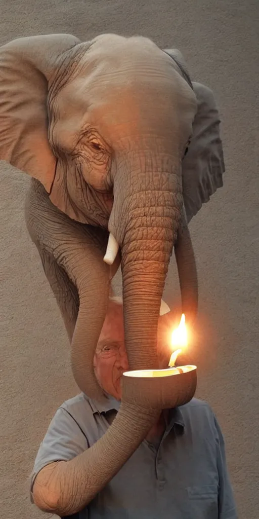 Image similar to a old man with a elephant snout, elephant ears and elephant tasks, beautifull candle low light