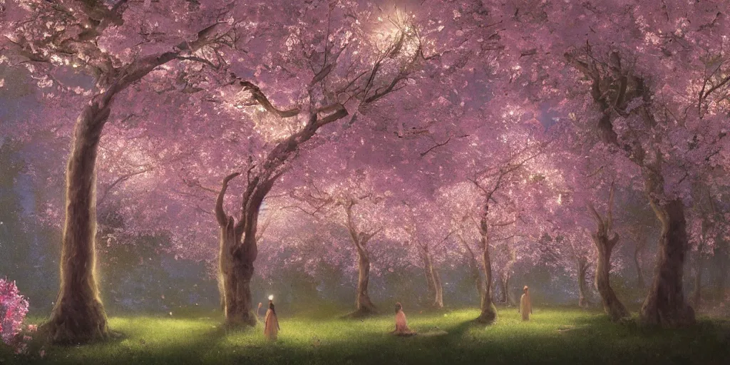 Image similar to spiritual journey through the garden of eden, sakura trees, sakura season dynamic lighting, landscape, artwork by jeremy lipkin and giuseppe dangelico pino and other unknown artists, 1 0 0 mm