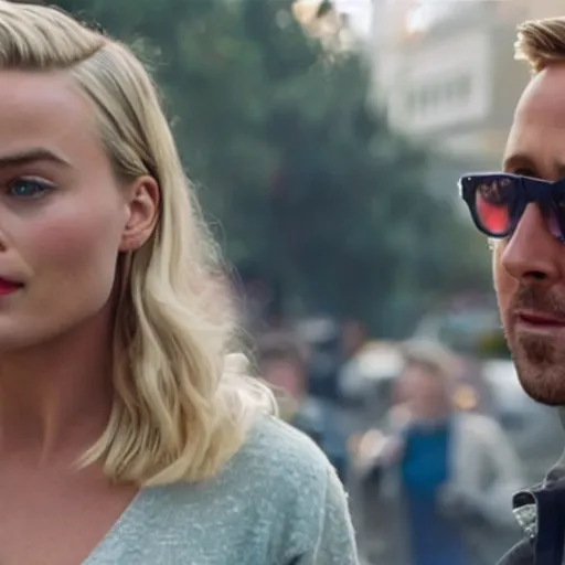 Image similar to still of ryan gosling and margot robbie, walking in human face