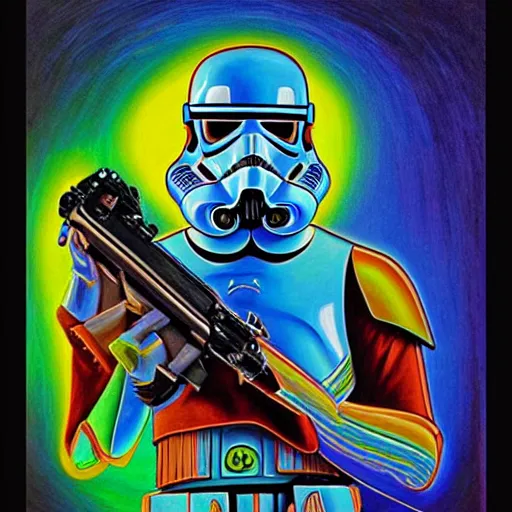 Image similar to Painting of a Stromtrooper designed by alex grey, flooko, etheral, detailed, glows,