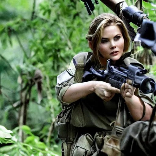 Image similar to elisha cuthbert as a commando in a jungle battlefield