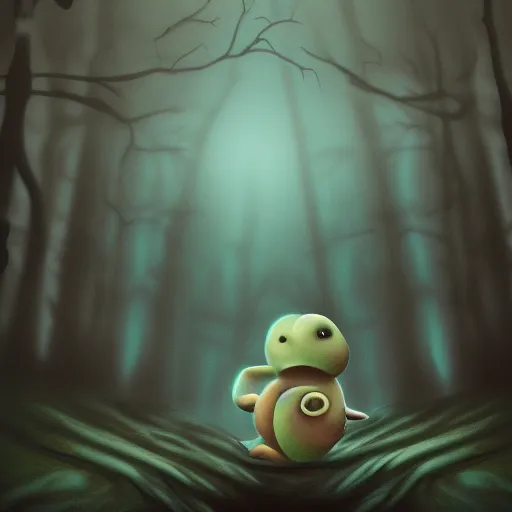 Image similar to Cuddly slime creature wandering a dark deep forest, Airbrush Style, Foggy, Moody, Horror