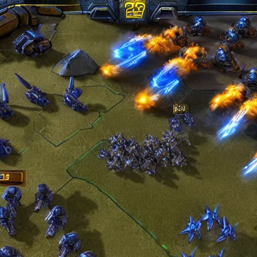 Prompt: a screenshot from a professional starcraft 2 match