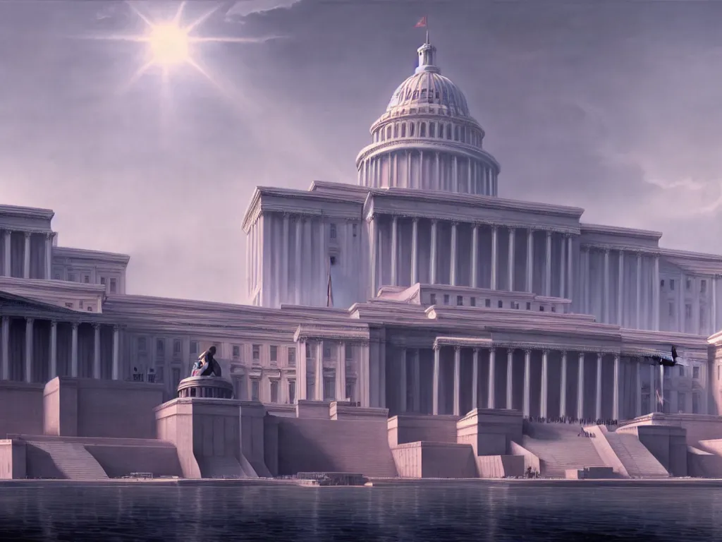 Image similar to matte painting by fan wennan. future capitol of the american communist party shining in the sun after the triumph of socialism in america, hyperdetailed, cinematic, photorealistic, hyperrealism, masterpiece, future communist governmental architecture, statue, imposing, strength, abundance. america 2 0 9 8