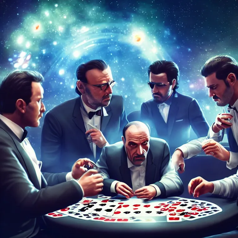 Image similar to Three mafiosi playing poker in open cosmos, star systems are visible in the background. Extremely high details, realistic, fantastic octane render, cinematic, hyperrealism, 8k, masterpiece