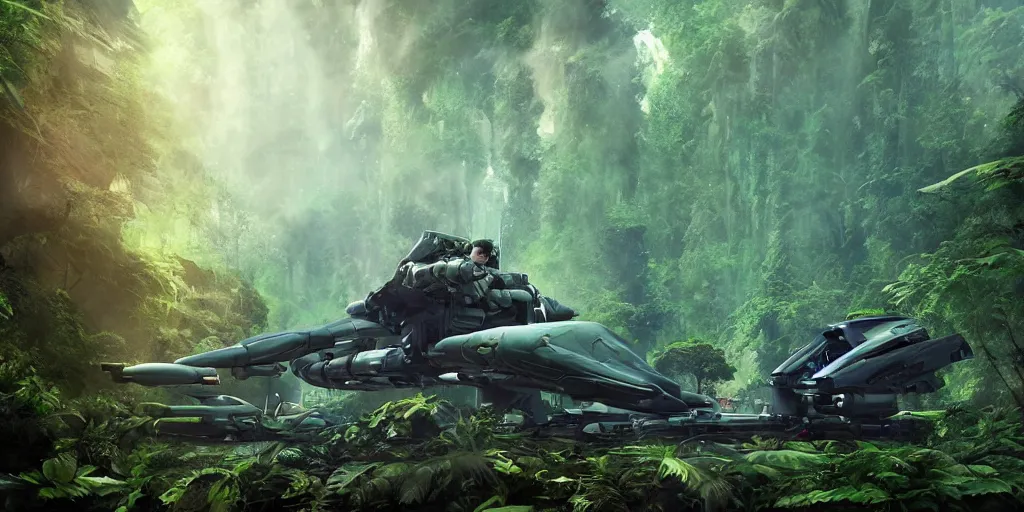 Prompt: an intricate concept art of a military pilot of giant futuristic robot resting in the rainforest, sci - fi film color palette, concept art, environment design, vfx, unreal engine 5, artstation, deviantart, octane render, wide angle, cinematic