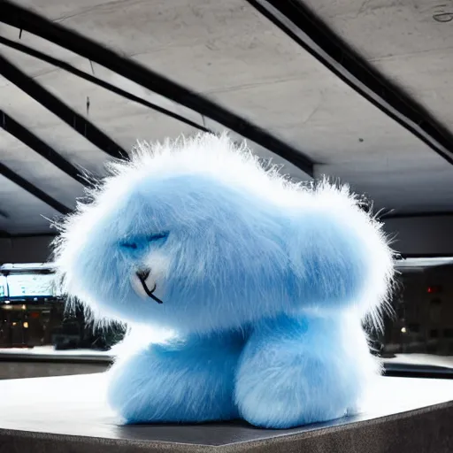 Image similar to nike fluffy monster made of very fluffy blue faux fur placed on reflective surface, nike logo, professional advertising, overhead lighting, heavy detail, realistic by nate vanhook, mark miner