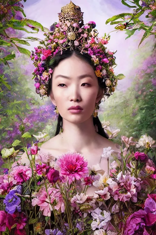 Image similar to a beautiful portrait of an empress in her garden, with a brilliant, impossible striking big flower headpiece, clothes entirely made out of flowers, symmetrical, closeup, dramatic studio lighting, rococo, baroque, jewels, asian, hyperrealism, D&D, fantasy, intricate, elegant, highly detailed, digital painting, artstation, octane render, 8k, concept art, matte, sharp focus, illustration, art by Artgerm and Greg Rutkowski and Alphonse Mucha