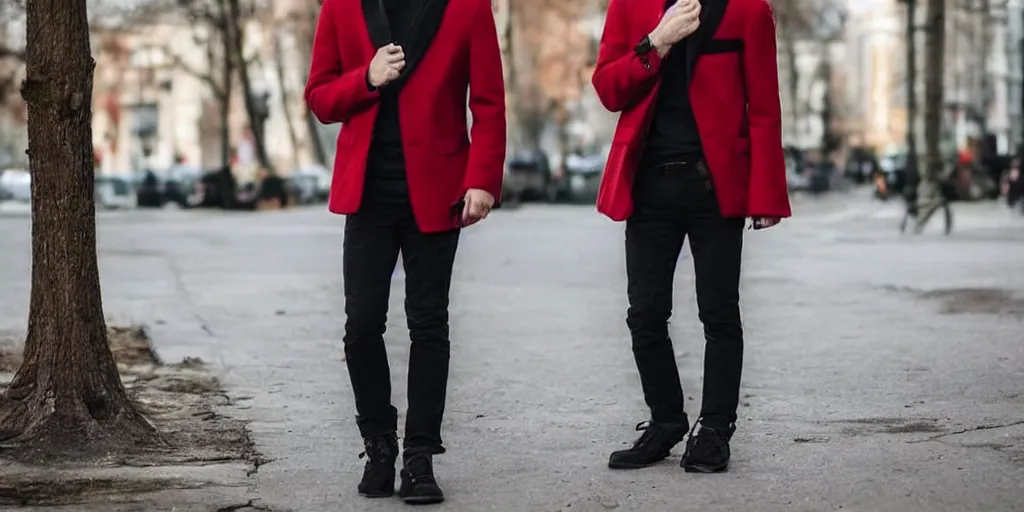 Image similar to man, man, man, man, red hair, black jacket, curly hair, fullbody, Caucasian, short hair,