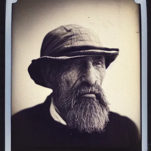 Prompt: polaroid photo of an older man, about 1 2 0 years old, with wrinkles on his face, looking towards infinity with a sad look, a two - day beard and a woolen cap while his lips are chapped by the sun, as well as his dark complexion