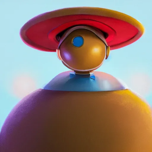 Prompt: full body portrait of a round robot wearing beret, painting a canvas, big head, high detail, beautiful light, depth of field, sharp focus, clean design, 4 k, pixar, colorful, octane render