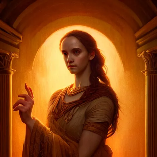 Image similar to majestic gracious regal seductive oracle of delphi portrait, ancient greece, atmospheric lighting, painted, intricate, volumetric lighting, beautiful, rich deep colours masterpiece, golden hour, sharp focus, ultra detailed, by leesha hannigan, ross tran, thierry doizon, kai carpenter, ignacio fernandez rios