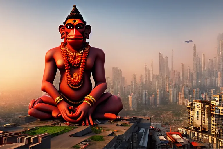 Image similar to high quality 3 d cyberpunk biomorphic hanuman! head building in the middle of mumbai!!, kalighat highly detailed, cinematic smooth, stephen shore & john j. park, soft morning light, wide shot, high angle, uhd 8 k, deep focus