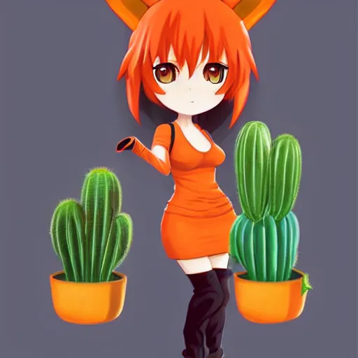 Prompt: A red-haired anime girl with fox ears and an evil grin in an orange jumpsuit holds a cactus by artgerm from artstation