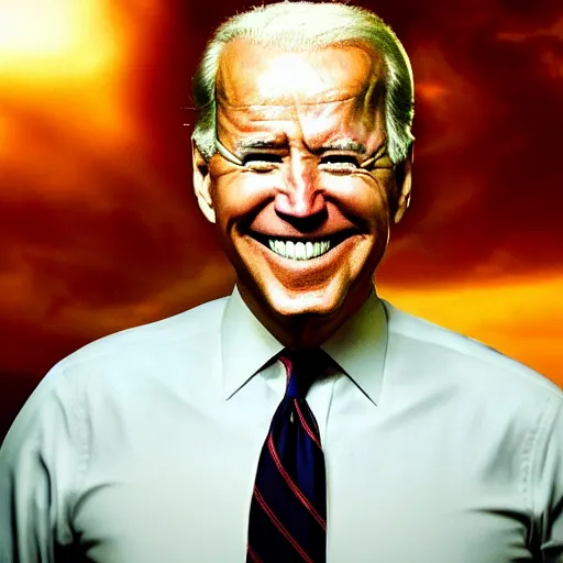 Image similar to joe biden smiling with blood in his face while behind him the world is burning, dramatic lighting, cinematic, establishing shot, extremly high detail, photorealistic, cinematic lighting, artstation, style by James Gurney