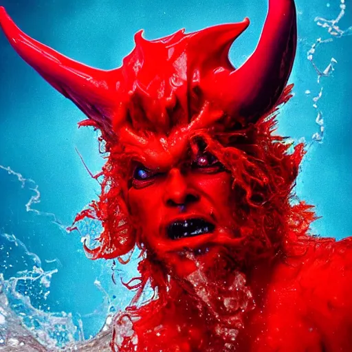 Image similar to a devilish red monster with horns emerging from boiling rough seas, close - up portrait photo by david lachapelle, masterpiece, trending on flickr s - 3 0