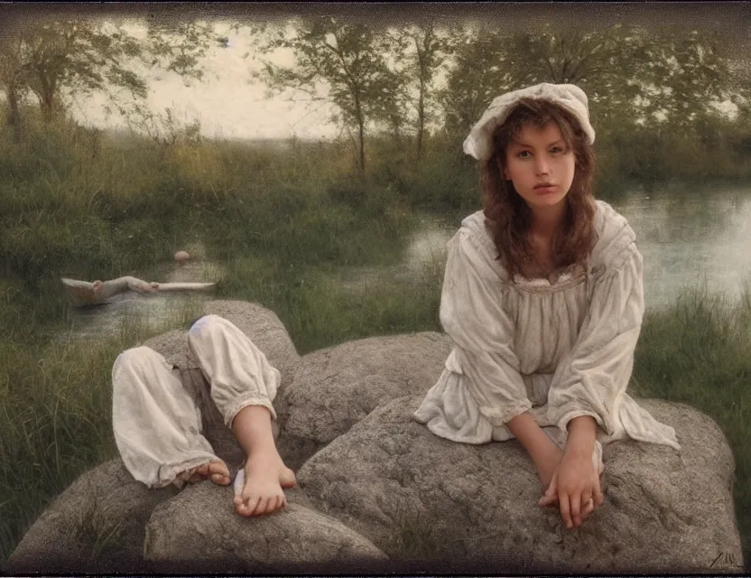 Image similar to peasant girl sitting on a stone by a shore of river, cottage core, cinematic focus, polaroid photo bleached vintage pastel colors high - key lighting, soft lights, foggy, by steve hanks, by lisa yuskavage, by serov valentin, by tarkovsky, 8 k render, detailed, oil on canvas