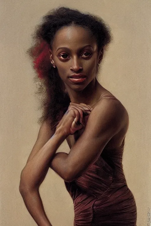 Image similar to portrait of a gorgeous graceful nubian prima ballerina, by donato giancola and berthold woltze.