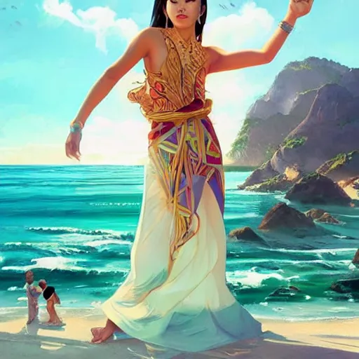 Image similar to asian sun goddess wearing modern clothing, portrait,! sundress!,! high ponytail!, slice of life, modern instagram influencer, beach and ocean in the background, highly detailed, digital painting, artstation, concept art, sharp focus, illustration, cinematic lighting, art by artgerm and greg rutkowski and alphonse mucha