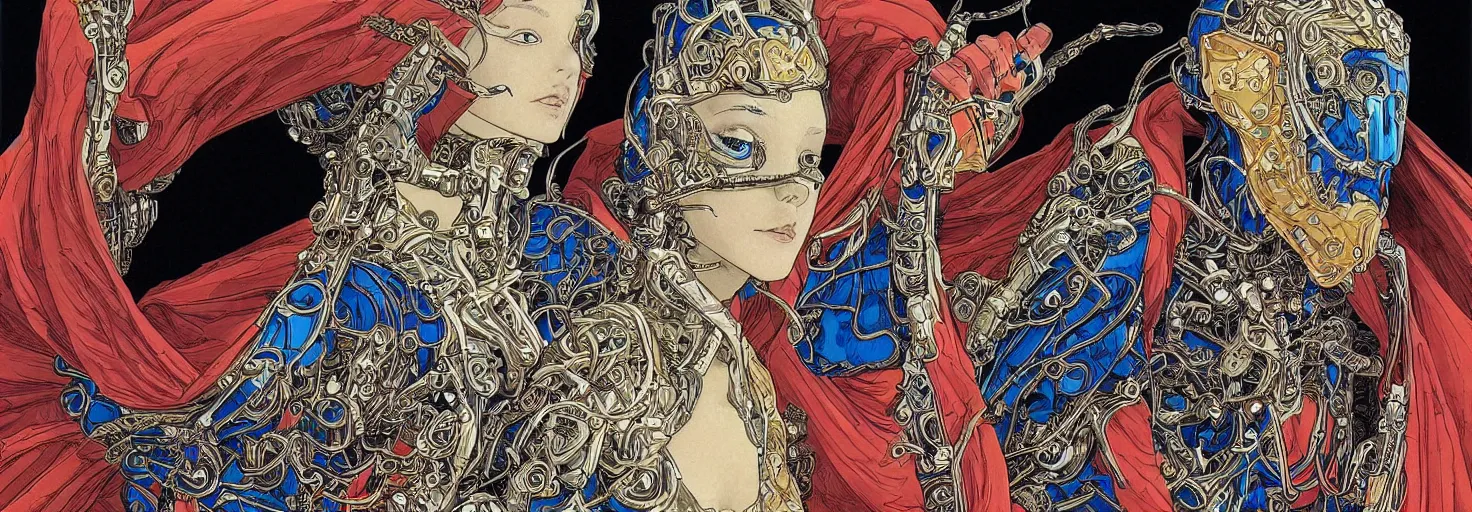 Image similar to beautiful portrait of the mysterious cybernetic masked figure, vogue cover, vogue poses, beautiful ornamental silk cape, intricate, highly detailed, masterful, fantasy world, sci fi world, in the style of moebius, akira toriyama, jean giraud