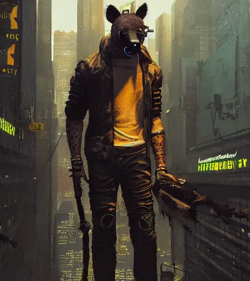 Image similar to new york city portrait icon of furry anthro anthropomorphic spotted hyena head animal person fursona wearing clothes strange cybernetic metal muzzle gloomy rainy screenshot from the video game cyberpunk 2077 digital art by Greg Rutkowski, Simon Stalenhag, christopher nolan trending on Artstation, CGSociety, Bladerunner 2049