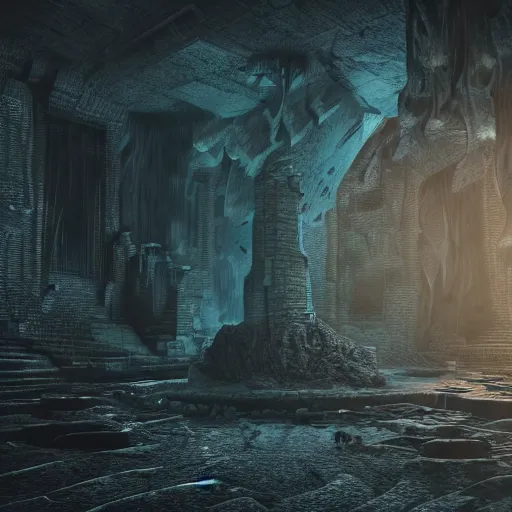 Prompt: deep underground cthulhu dungeon cave with large lovecraft style structures, light falling through cracks in the ceiling, cinematic, hdr, 4k, hyper realistic, render, cold light, high detail