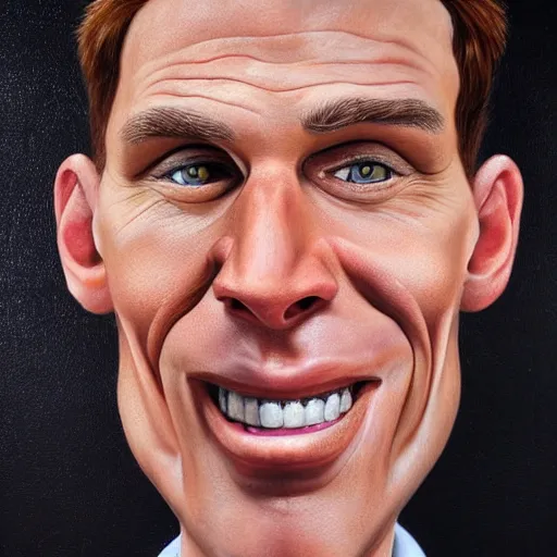 Image similar to Caricature portraits done of Jerma realistic, hyperrealistic, very realistic, highly detailed, very detailed, extremely detailed, detailed, oil painting, digital art, trending on artstation