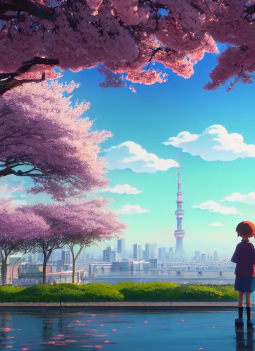 Image similar to a wholesome animation key shot, tokyo city in the background, cherry blossoms in the foreground, studio ghibli, pixar and disney animation, sharp, rendered in unreal engine 5, anime key art by greg rutkowski, bloom, dramatic lighting