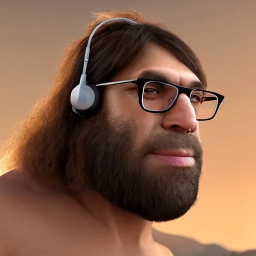 Prompt: A neanderthal caveman gamer, wearing headphones and glasses made of rocks, realistic 4k