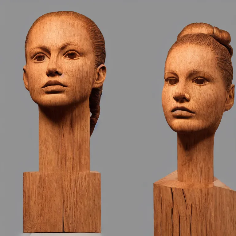 Prompt: public sculpture minimalist portrait of a powerful woman wearing a bun, beautiful symmetrical face accurate face detailed face realistic proportions, carved out of a red oak wood on a pedestal by stephan balkenhol and martin puryear, hyperrealistic dramatic lighting shocking detail trending on artstation 8 k