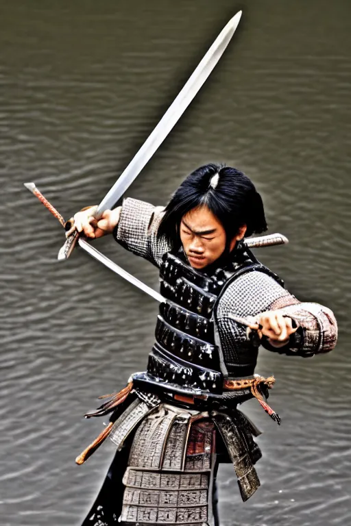 Image similar to samurai, duel, lake, spiked, sharp focus, extremely detailed