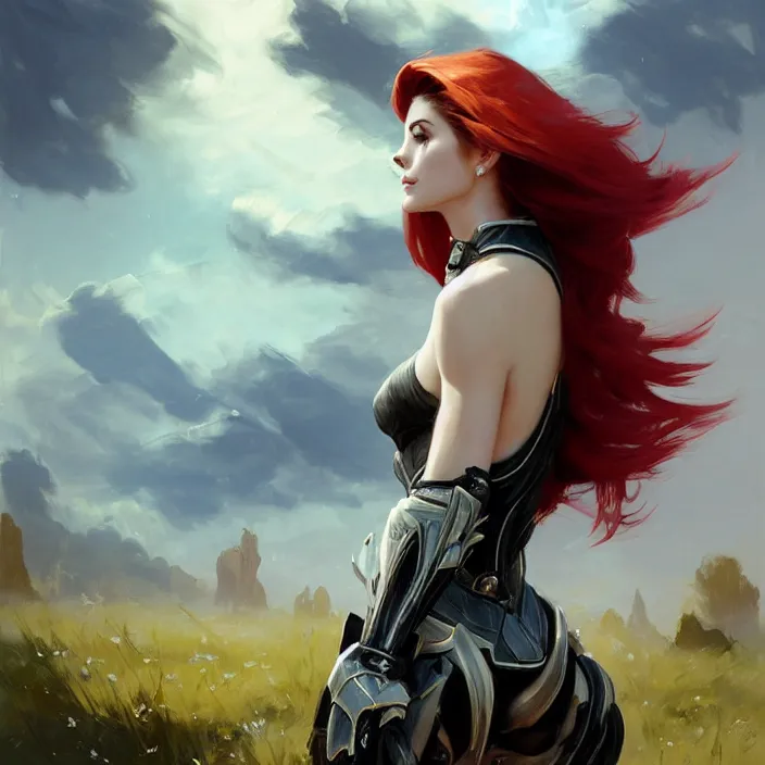 Image similar to portrait of a combination of Ashley Greene, Adriana Dxim, Grace Kelly and Lily Collins with red hair wearing Warframe armor, countryside, calm, fantasy character portrait, dynamic pose, above view, sunny day, thunder clouds in the sky, artwork by Jeremy Lipkin and Giuseppe Dangelico Pino and Michael Garmash and Rob Rey and Greg Manchess and Huang Guangjian and Makoto Shinkai, very coherent asymmetrical artwork, sharp edges, perfect face, simple form, 100mm