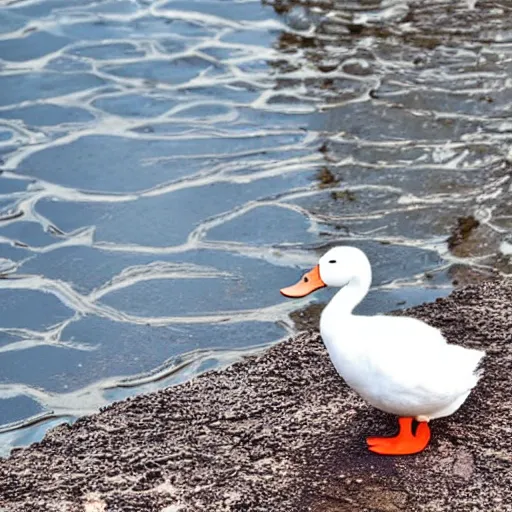 Image similar to a white duck, standing by molten lava