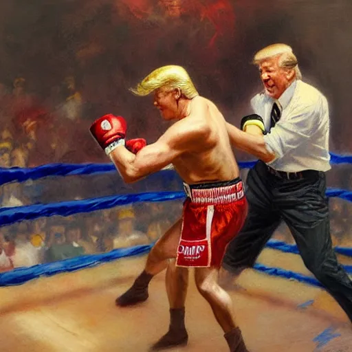 Prompt: a beautiful painting of donald trump fist - fighting joe biden in a boxing ring, rendered art, highly detailed painting by gaston bussiere, craig mullins, j. c. leyendecker 8 k, trending on artstation, art, fighting, watercolor