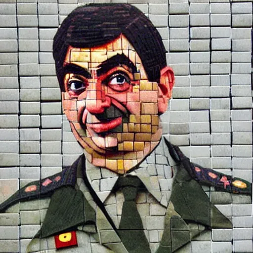 Prompt: a Soviet mosaic of Mr. Bean in military uniform