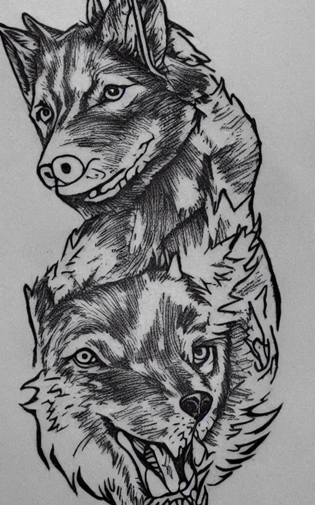 Image similar to old school flash tattoo of a stretched wolf with menacing eyes