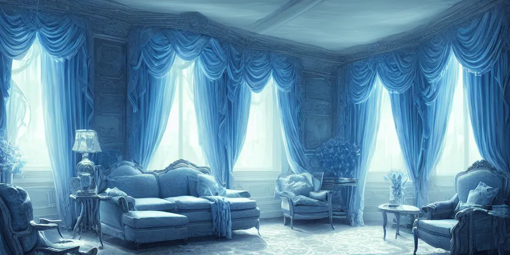 Prompt: inside a beautiful blue room with white curtains, in style of dan mumford and thomas kinkade , 8k resolution, Ultrafine Details,Hyper detailed digital matte painting, concept art, hyperrealism, beautiful