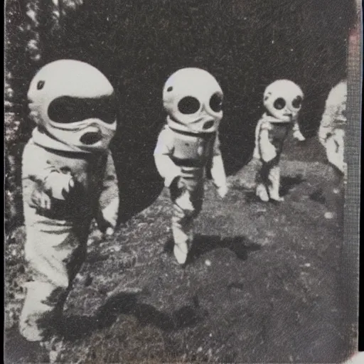 Image similar to really old polaroid photograph of horrorific extraterrestrial beings visiting earth,