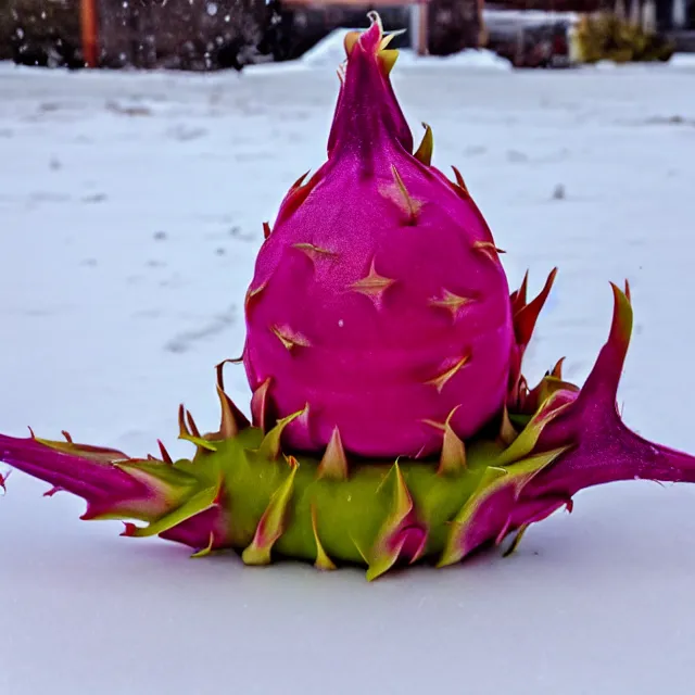 Prompt: a dragonfruit wearing a karate belt in the snow