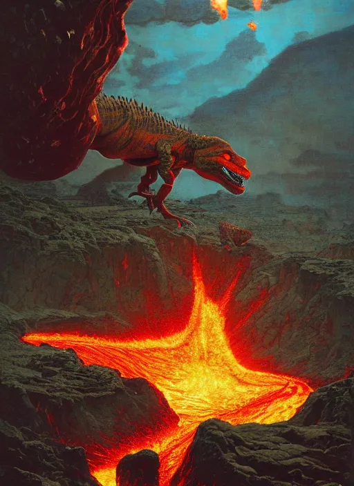 Prompt: dinosaur lava volcano, dynamic action, by lawrence alma - tadema and zdzislaw beksinski and norman rockwell and jack kirby and tom lovell and greg staples, artstation creature art