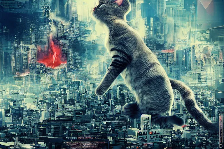 Image similar to cat attacking Tokyo, disaster movie poster, masterpiece, masterwork, cgstudio