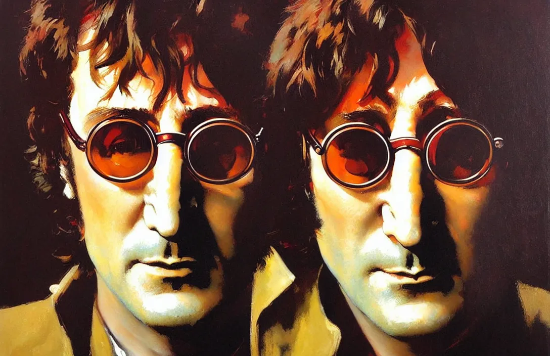 Image similar to portrait of john lennon!!!!!!!!!!!!!!!!!!!!!!!!!!!, detailed face, detailed painting,, epic lighting, by ilya repin, phil hale and kent williams