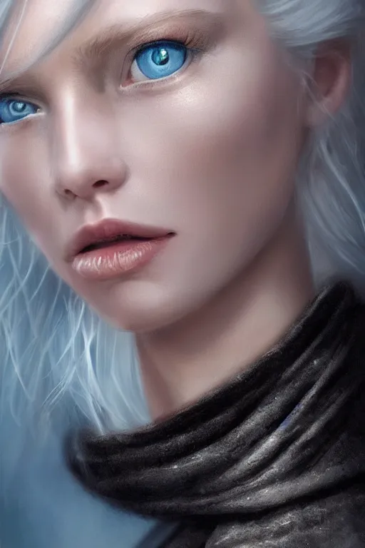 Image similar to ultra realistic facial portrait of a beautiful nordic woman, blue eyes, white hair, digital art, character portrait, highly detailed, trending on artstation, lens flare, atmosphere, hyper realistic, cinematic lightning, sharp focus, unreal engine 5, extreme details perfect face, pretty face, fine - face, illustration, 8 k, ultra texture, masterpiece