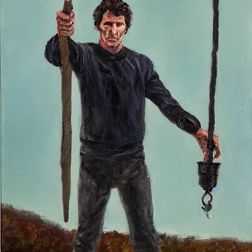 Image similar to todd howard about to be hanged for his crimes, oil painting, tragic, sorrowful.