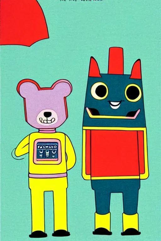 Image similar to ( ( ( ( ( ( ( a robot and a dog ) ) ) ) ) ) ) by richard scarry!!!!!!!!!!!!!! muted colors