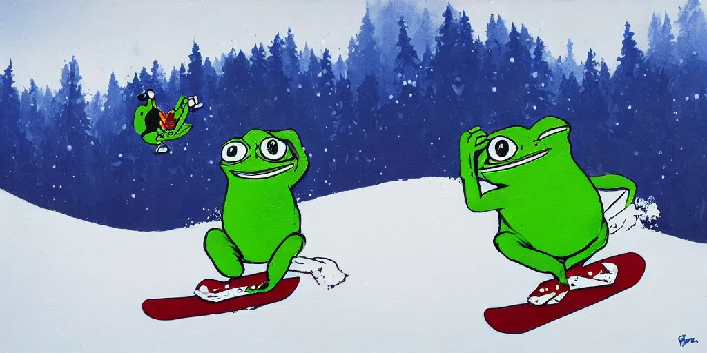 Image similar to pepe the frog snowboarding painted by gustaf cederstrom