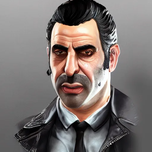 Prompt: a midage italian male, beardless, short black hair with gel, overweight, fine white shirt, leather belt, black pants, leather shoes, smoking a cigar, full body, gta v style, concept art, highly detailed, hyper realistic, unreal engine