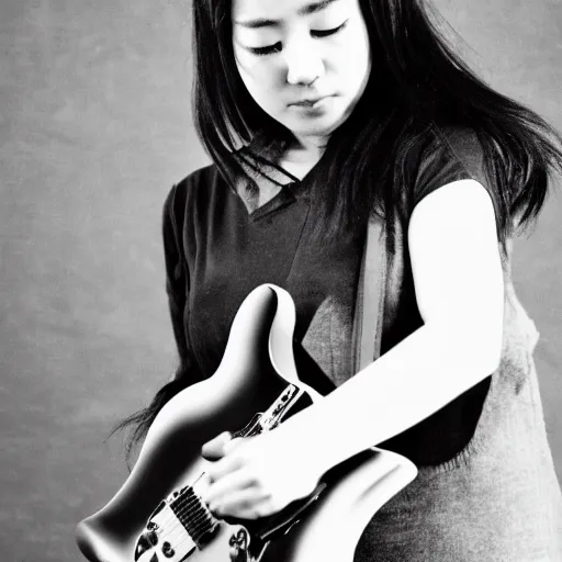 Image similar to a black and white photograph of a female japanese artist playing an electric guitar