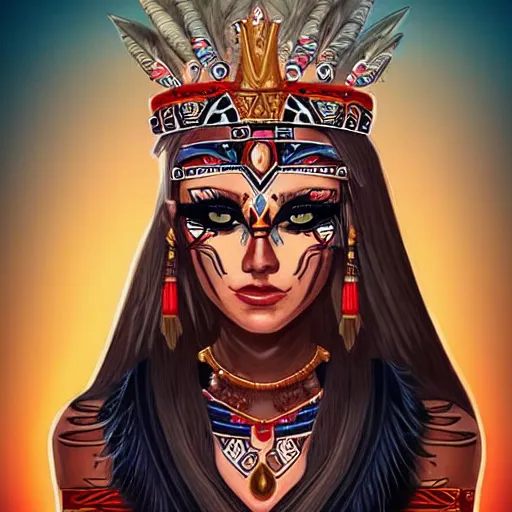 Image similar to character design, aztec warrior goddess with beautiful woman face, crown of very long feathers, full body, glowing aztec tattoos, beautiful, dark fantasy,